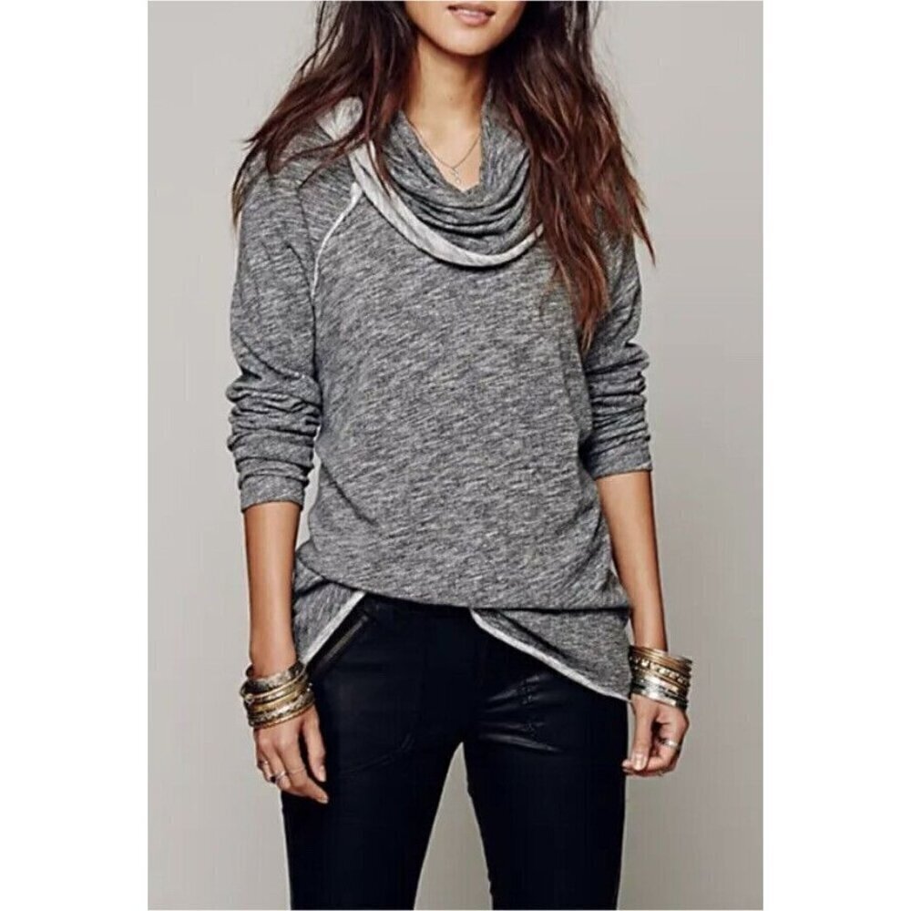 Free People Beach Cocoon Cowl Neck Raw Hem Raglan Pullover Sweater Gray S/M